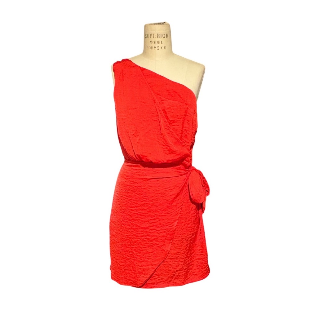 Red One Shoulder Textured Mini Wrap Dress Side Tie Med Wedding Guest‎ Going out